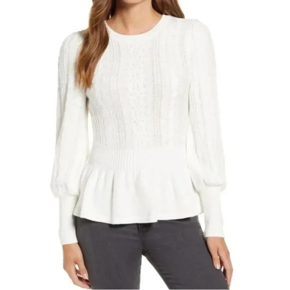 RACHEL PARCELL Cable knit Bobble Peplum Sweater white sz S designer preppy EUC - Picture 1 of 16